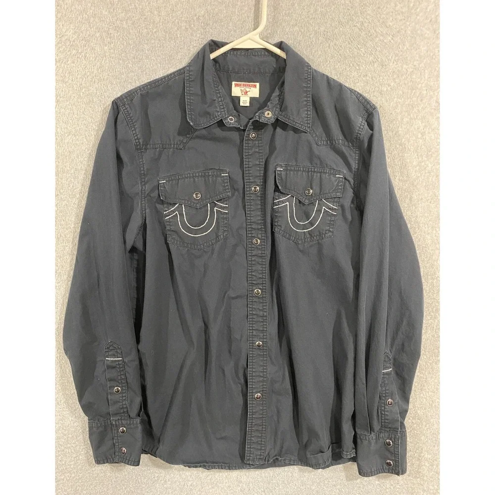 True Religion Shirt Mens M Black Pearl Snap Lightweight Western Cowboy Button Up